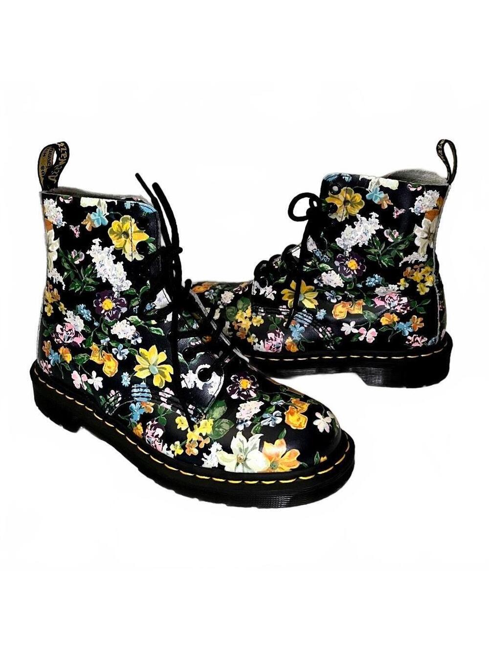 Dr. Martens 1460 Pascal Black Multi Floral Botanical Leather Boots Size 8